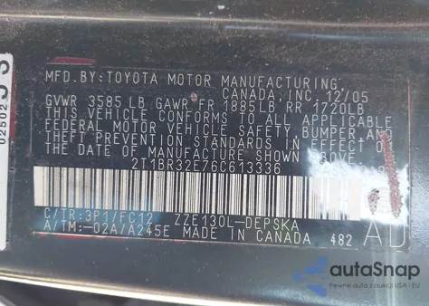 2006 Toyota Corolla S from USA, damaged, VIN 2T1BR32E76C613336